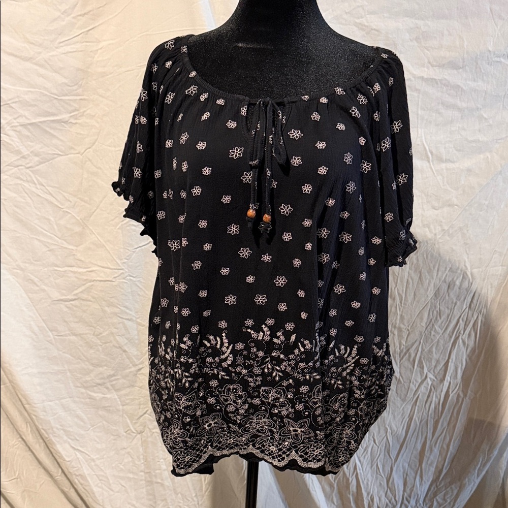 Dress Barn Black Floral Peasant Blouse with Tie Neck